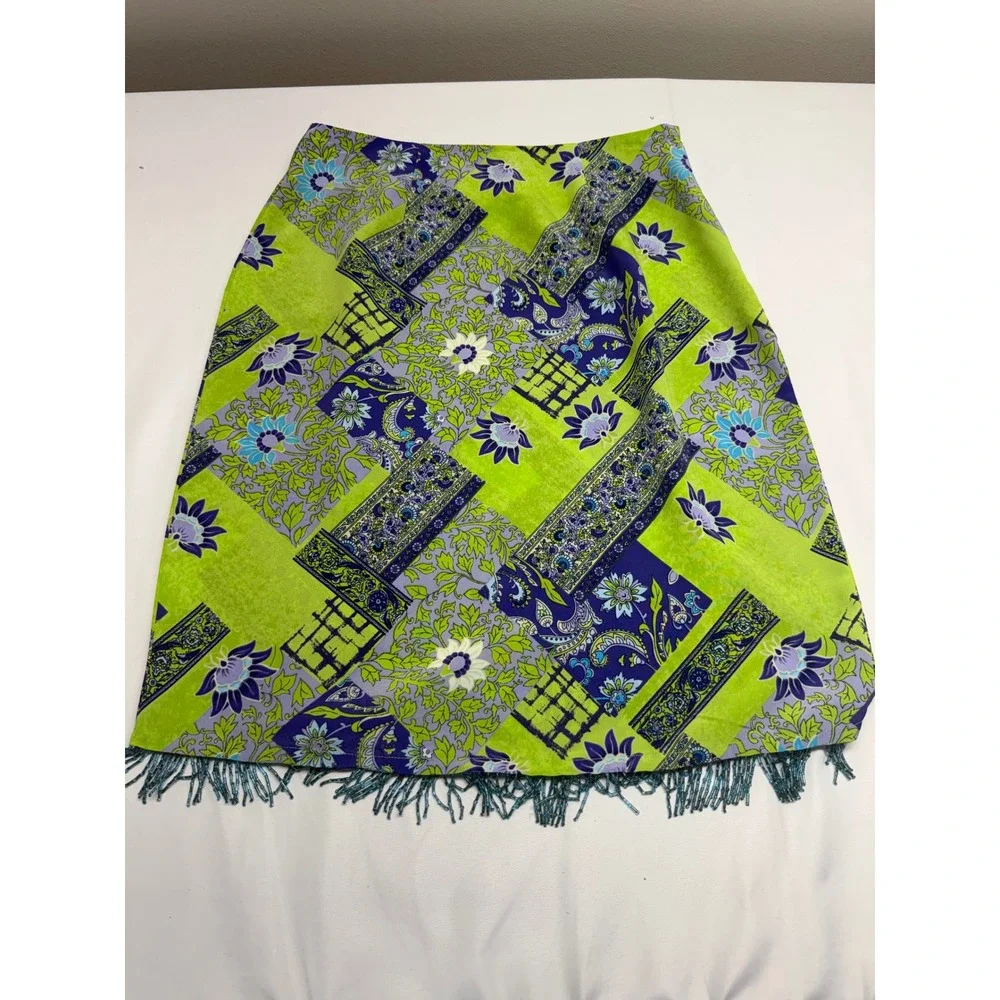 Tribeca Studio Lime Green Floral Patchwork Beaded Fringe A-Line Skirt‎ Size 4